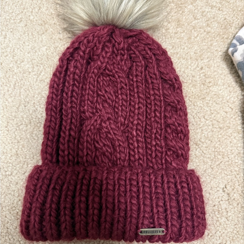 Hollister Burgundy Knit Beanie with Faux Fur Pom